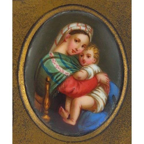 679 - 19th century gilt metal easel frame housing a religious porcelain panel hand painted with Madonna an... 