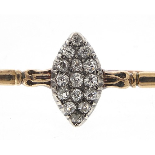 25 - Antique unmarked gold diamond marquis cluster bar brooch, the diamonds approximately 2.2mm in diamet... 