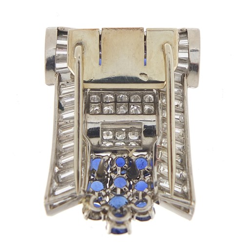 43 - Good Art Deco diamond and sapphire three piece scarf clip brooch, A & M maker's mark, 6cm wide, 32.0... 