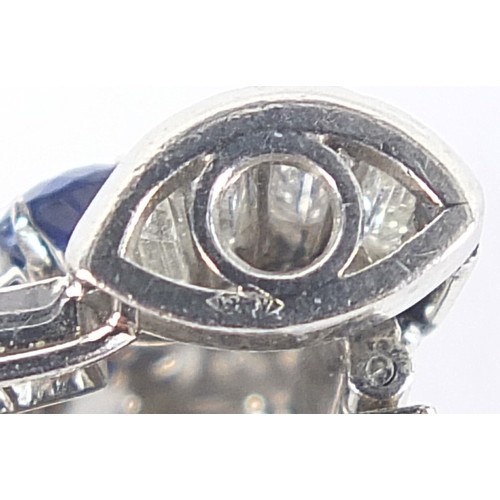 43 - Good Art Deco diamond and sapphire three piece scarf clip brooch, A & M maker's mark, 6cm wide, 32.0... 