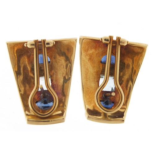 80 - Scortecci, Pair of Italian unmarked gold, aquamarine and sapphire earrings, 2.5cm high, 18.5g