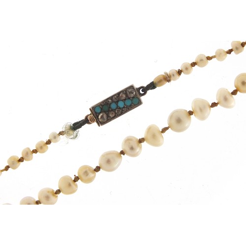 111 - Antique graduated pearl necklace with 9ct gold, diamond and turquoise clasp, housed in a tooled leat... 