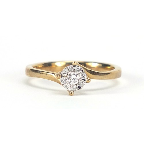 459 - 9ct gold diamond cluster ring, size M, 2.3g