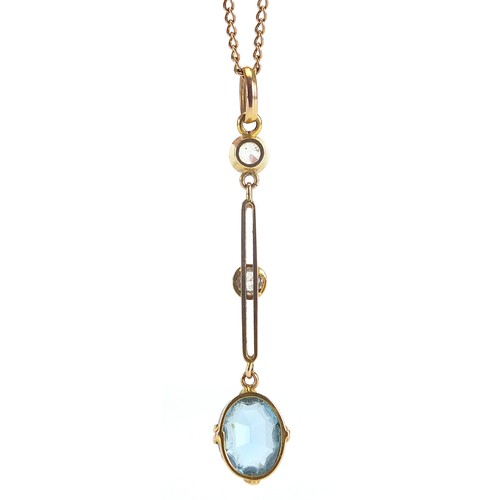 76 - 9ct gold white sapphire and blue stone pendant on a 9ct gold necklace, 4cm high and 42cm in length, ... 