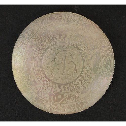 524 - Good collection of Chinese Canton mother of pearl gaming counters finely carved with figures in land... 
