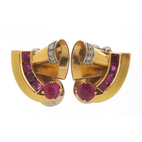 47 - Pair of Art Deco unmarked gold ruby and diamond clip on earrings, (tests as 15ct+ gold) the largest ... 