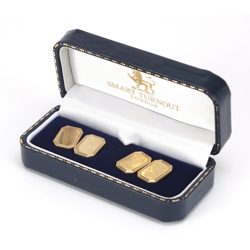 147 - Pair of 9ct gold cufflinks, housed in a Smart Turnout tooled leather fitted box, 1.6cm wide, 9.2g