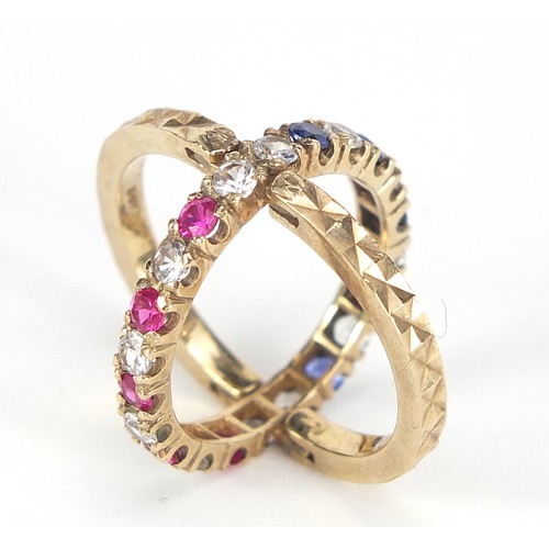 159 - 9ct gold blue, pink and white sapphire hinged triple eternity ring, size M, 5.2g