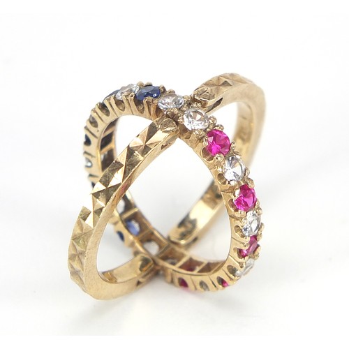 159 - 9ct gold blue, pink and white sapphire hinged triple eternity ring, size M, 5.2g