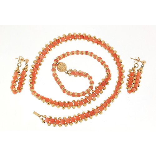 218 - 14ct gold and pink coral necklace with matching earrings, the necklace 40cm in length, total 13.8g