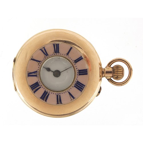 223 - Ladies 9ct gold and enamel half hunter pocket watch, 34mm in diameter, 28.0g