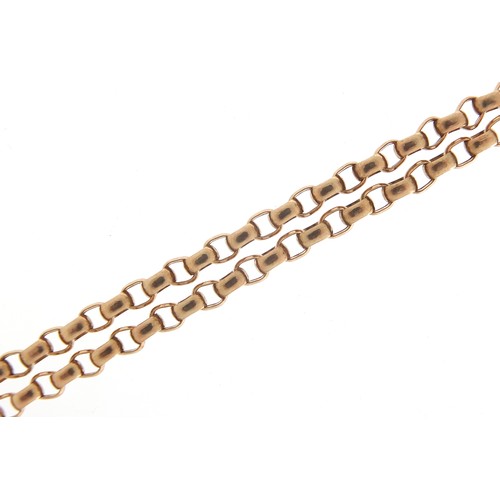 263 - Victorian unmarked 9ct rose gold double longuard chain, 75cm in length when doubled, 30.0g