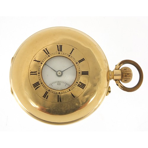 386 - 14ct gold gentlemen's open face pocket watch with enamel dial, 50mm in diameter, 89.5g