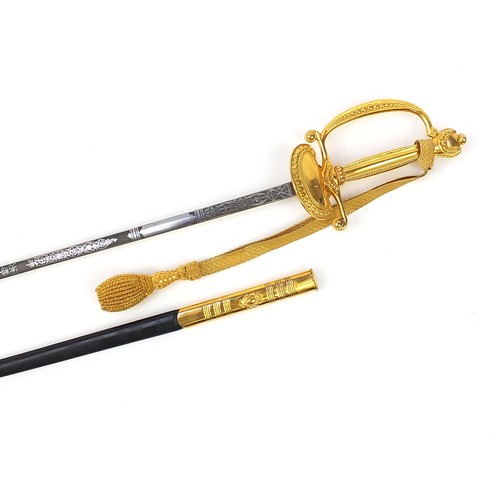 3527 - Wilkinson, military interest Elizabeth II court sword with engraved blade, scabbard and case, 97.5cm... 