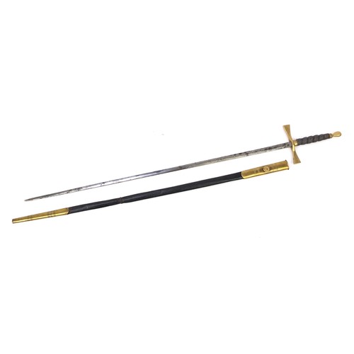3528 - Masonic ceremonial sword with engraved steel blade and shagreen handle, 89cm in length
