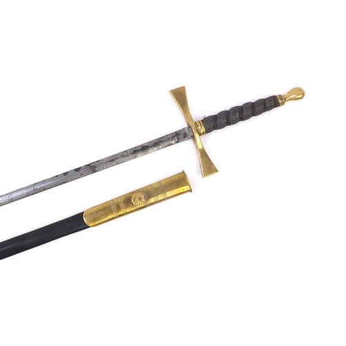 3528 - Masonic ceremonial sword with engraved steel blade and shagreen handle, 89cm in length