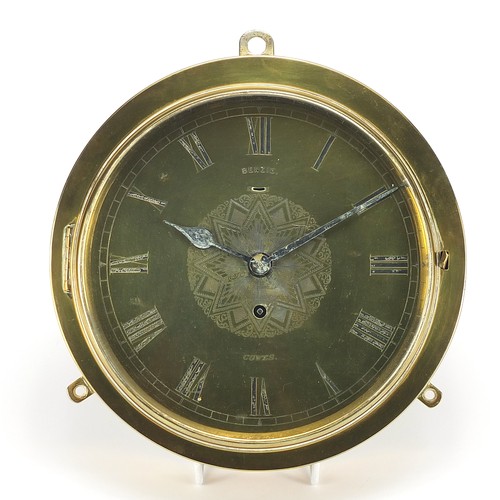 513 - Benzie of Cowes, 19th century brass ship design wall clock with engraved face and Roman numerals, 24... 