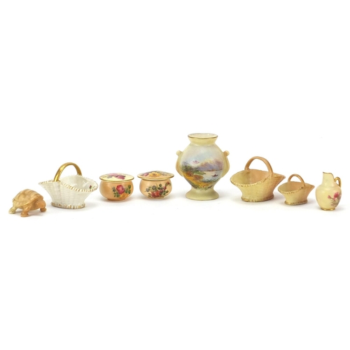 359 - Royal Worcester, miniature porcelain including baskets and tortoise together with a Lock & Co vase, ... 