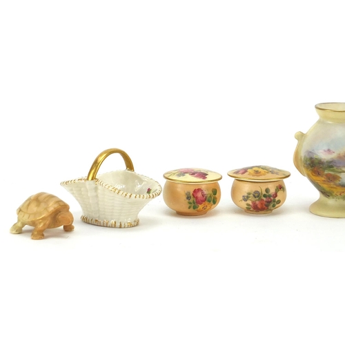 359 - Royal Worcester, miniature porcelain including baskets and tortoise together with a Lock & Co vase, ... 