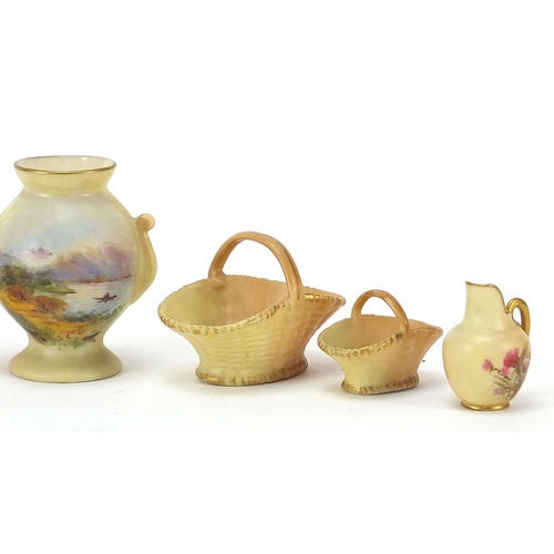 359 - Royal Worcester, miniature porcelain including baskets and tortoise together with a Lock & Co vase, ... 