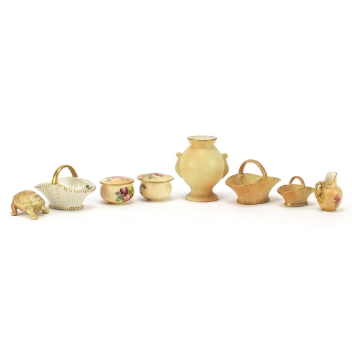 359 - Royal Worcester, miniature porcelain including baskets and tortoise together with a Lock & Co vase, ... 