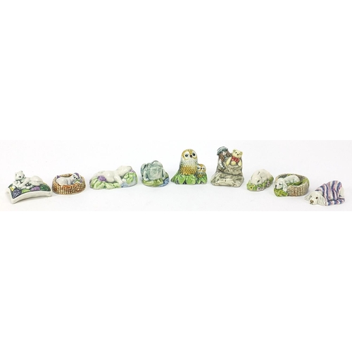 391 - Nine Margaret Howard ceramic ornaments including cat, pig, dog, frog, bird and teddy bear, the large... 