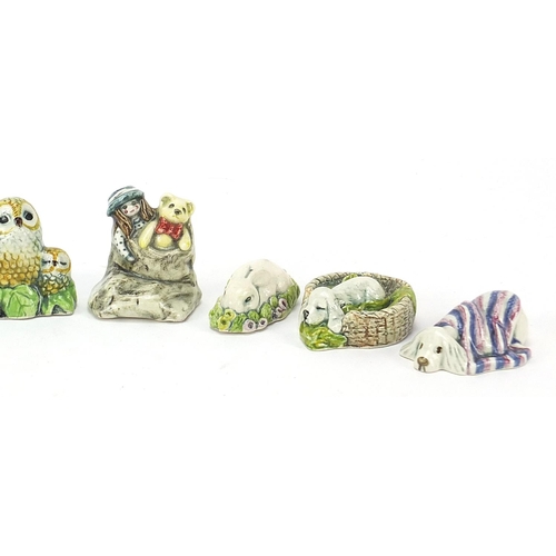 391 - Nine Margaret Howard ceramic ornaments including cat, pig, dog, frog, bird and teddy bear, the large... 