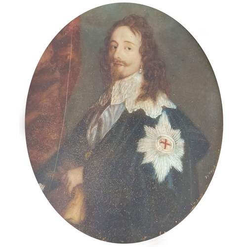 254 - 19th century oval hand painted portrait miniature of Charles I after Anthony Van Dyck, signed Tillot... 