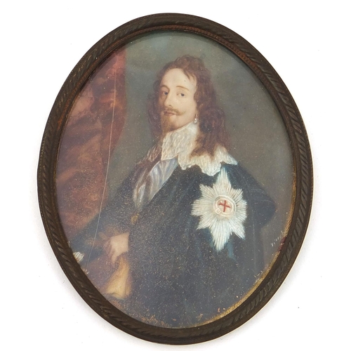 254 - 19th century oval hand painted portrait miniature of Charles I after Anthony Van Dyck, signed Tillot... 