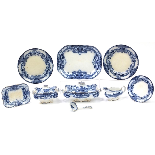 6 - Victorian Burleigh blue and white porcelain dinnerware including lidded tureen and sauce boat on sta... 