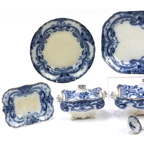 6 - Victorian Burleigh blue and white porcelain dinnerware including lidded tureen and sauce boat on sta... 