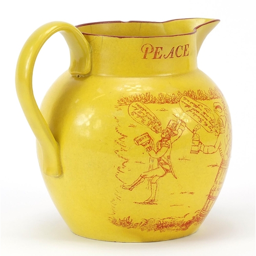 347 - Early 19th century Swansea pottery peace and plenty jug printed by James Brindley, 14cm high