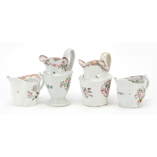 344 - Four 18th century Newhall cream jugs hand painted with flowers, the largest 11.5cm high