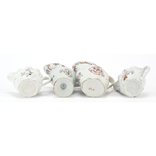 344 - Four 18th century Newhall cream jugs hand painted with flowers, the largest 11.5cm high