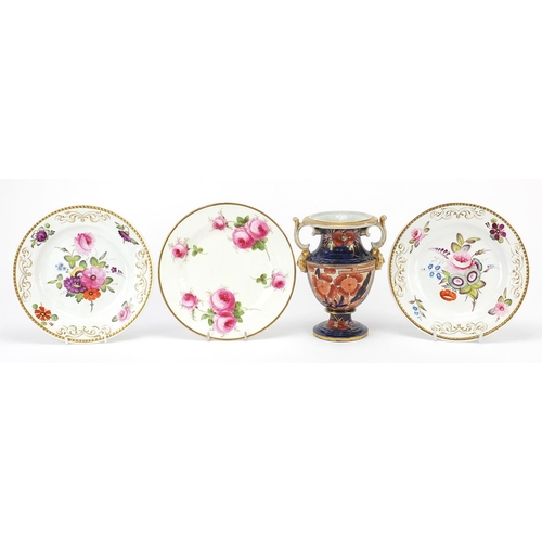 354 - English ceramics comprising three 19th century plates hand painted with flowers and an ironstone vas... 