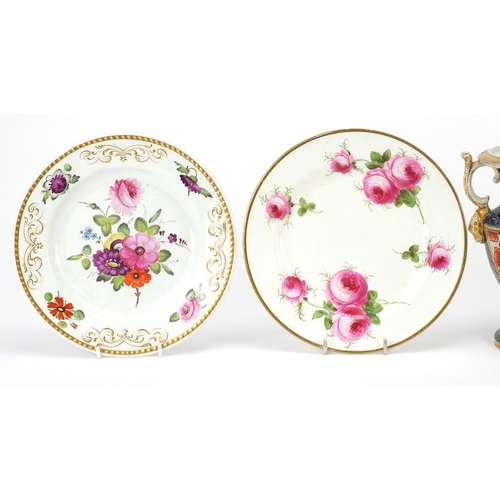 354 - English ceramics comprising three 19th century plates hand painted with flowers and an ironstone vas... 