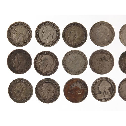 2534 - British silver threepence pieces including Victorian and George V, 33.2g