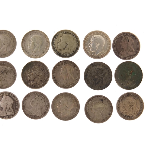 2534 - British silver threepence pieces including Victorian and George V, 33.2g