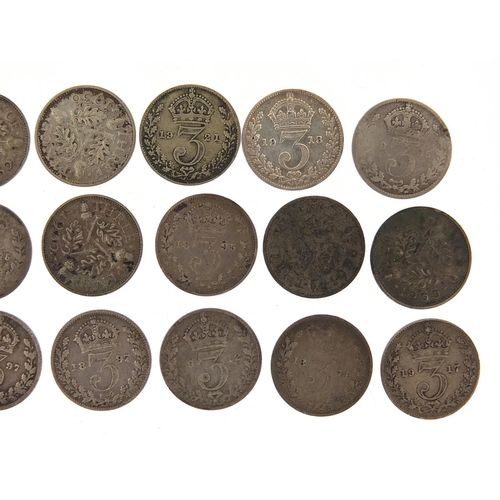 2534 - British silver threepence pieces including Victorian and George V, 33.2g