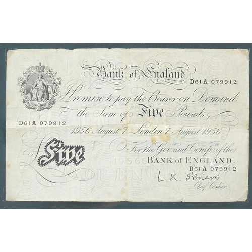 2565 - Bank of England 1956 white five pound note, Chief Cashier L K O'Brien, serial number D61A079912