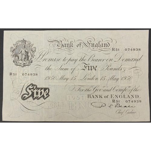 2553 - Bank of England 1950 white five pound note, Chief Cashier P S Beale, serial number R51074938