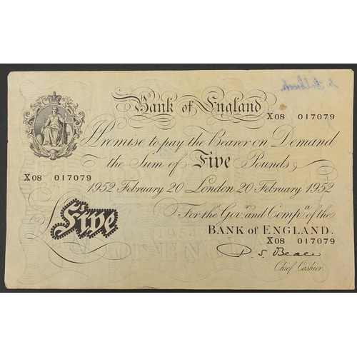 2562 - Bank of England 1952 white five pound note, Chief Cashier P S Beale, serial number XO8O17079