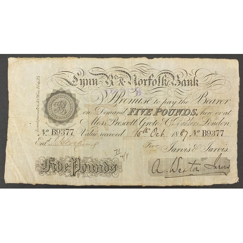 2564 - Lynn & Norfolk bank 1887 white five pound note, serial number B9377