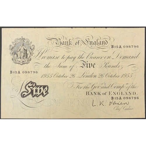 2560 - Bank of England October 1955 white five pound note, Chief Cashier L K O'Brien, serial number B15A079... 