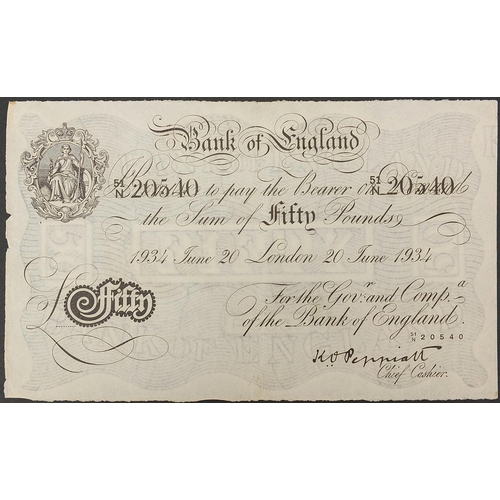 2551 - Bank of England fifty pound note, Chief Cashier K O Peppiatt, serial number 51N20540, possibly Bernh... 