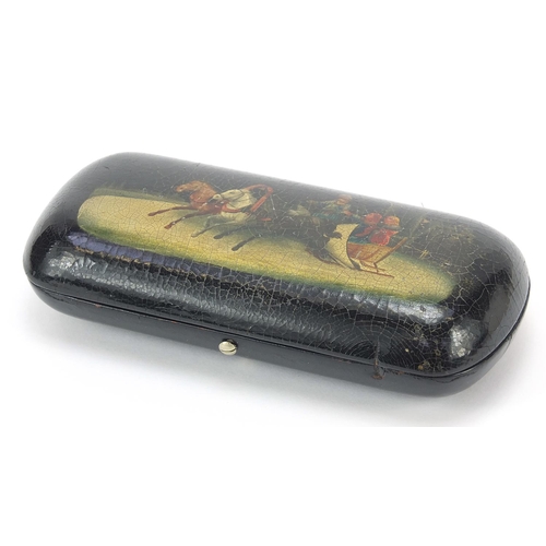 296 - Russian black lacquered papier mache cigarette case hand painted with a Troika, 14cm wide