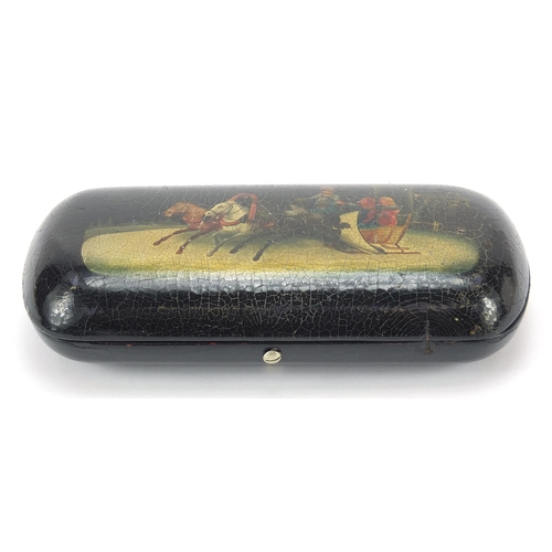 296 - Russian black lacquered papier mache cigarette case hand painted with a Troika, 14cm wide