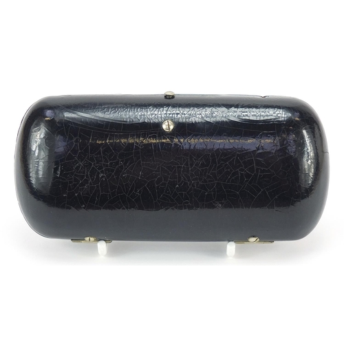 296 - Russian black lacquered papier mache cigarette case hand painted with a Troika, 14cm wide