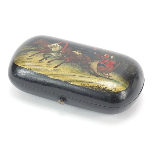 297 - Russian black lacquered papier mache cigarette case hand painted with a Troika, 10cm wide