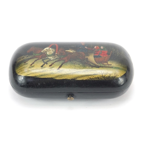 297 - Russian black lacquered papier mache cigarette case hand painted with a Troika, 10cm wide